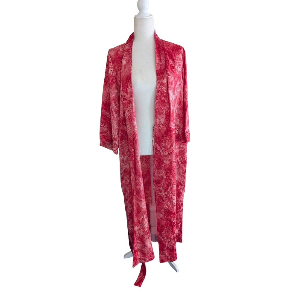 August Silk Intimates Red Pink Marbled Feather 100% Silk Long Robe Kimono Large - Picture 6 of 7